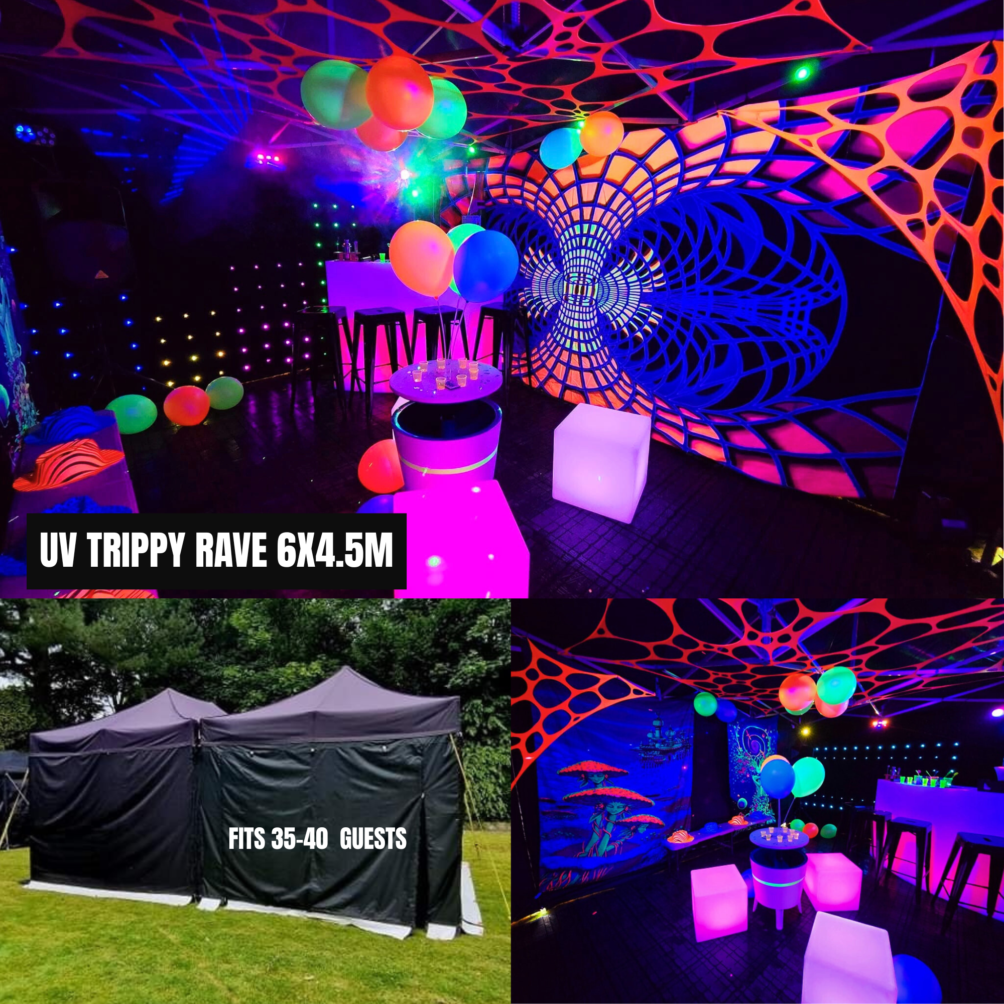 neon tent Trippy uv neon rave Party tent hire