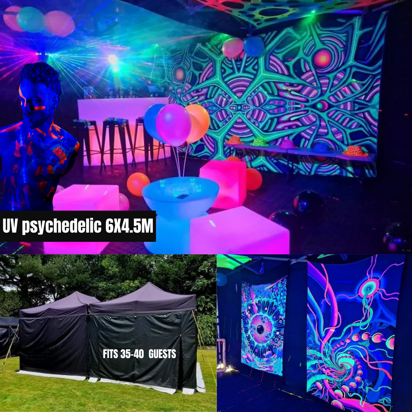 uv blacklight glow in the dark neon themed party tent hire