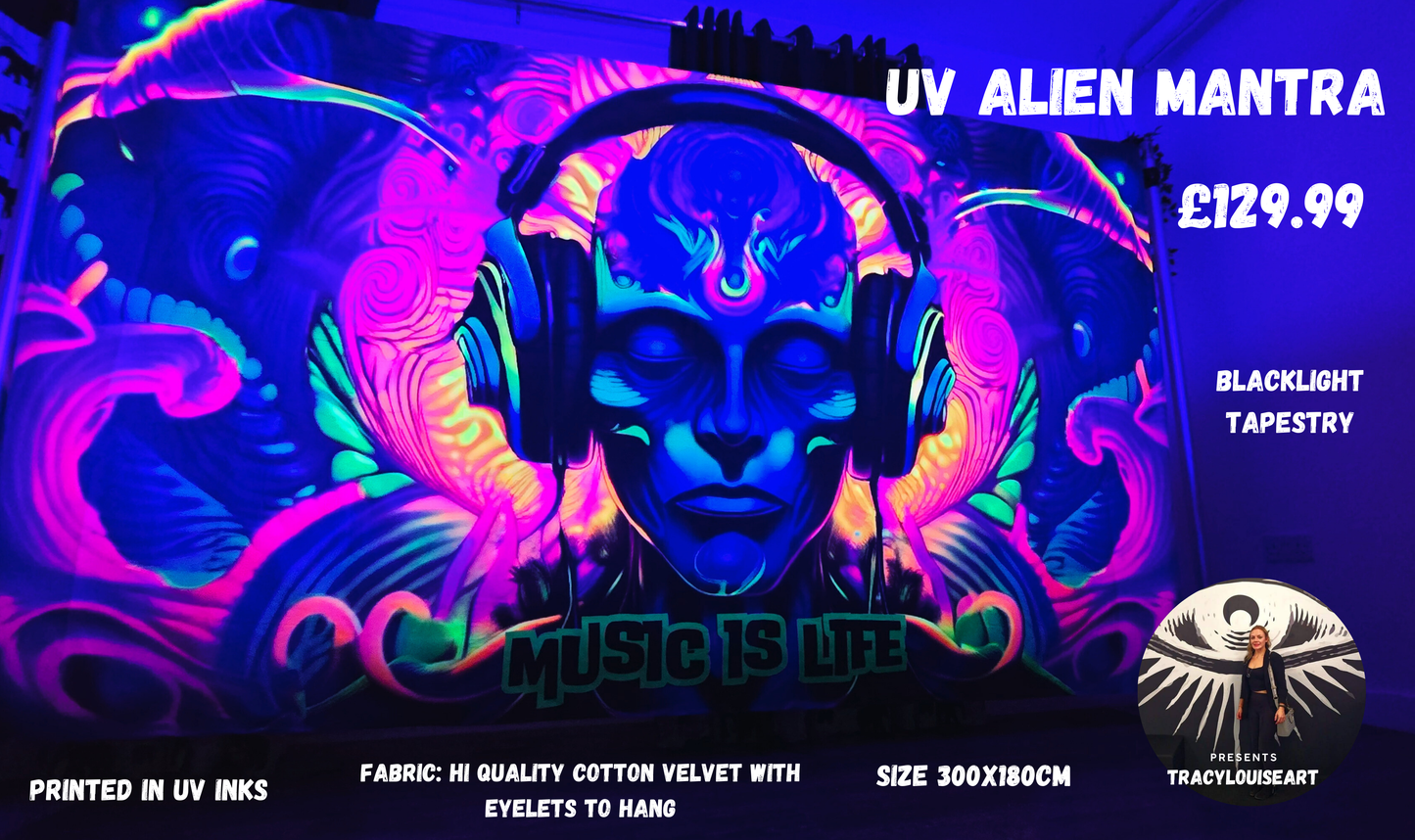 Alien mantra uv blacklight tapestry, neon party decorations, wall hanging glow in the dark decor, uv reactive