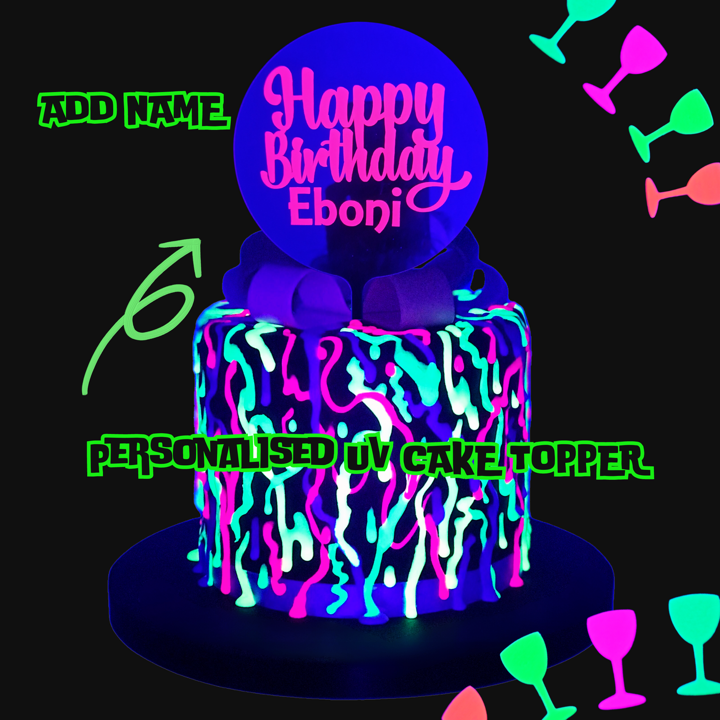 Uv Glow Personalised cake Topper