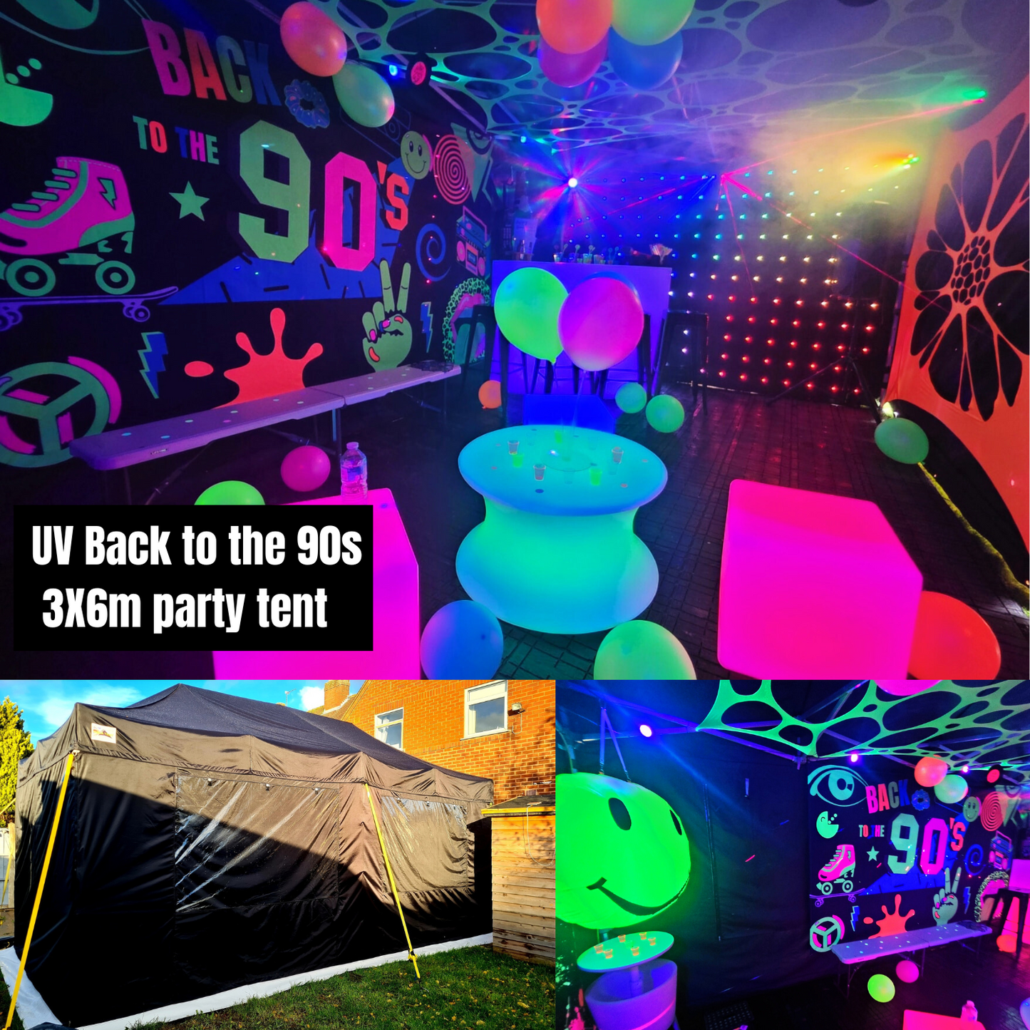 uv back to the 90s themed party tent hire