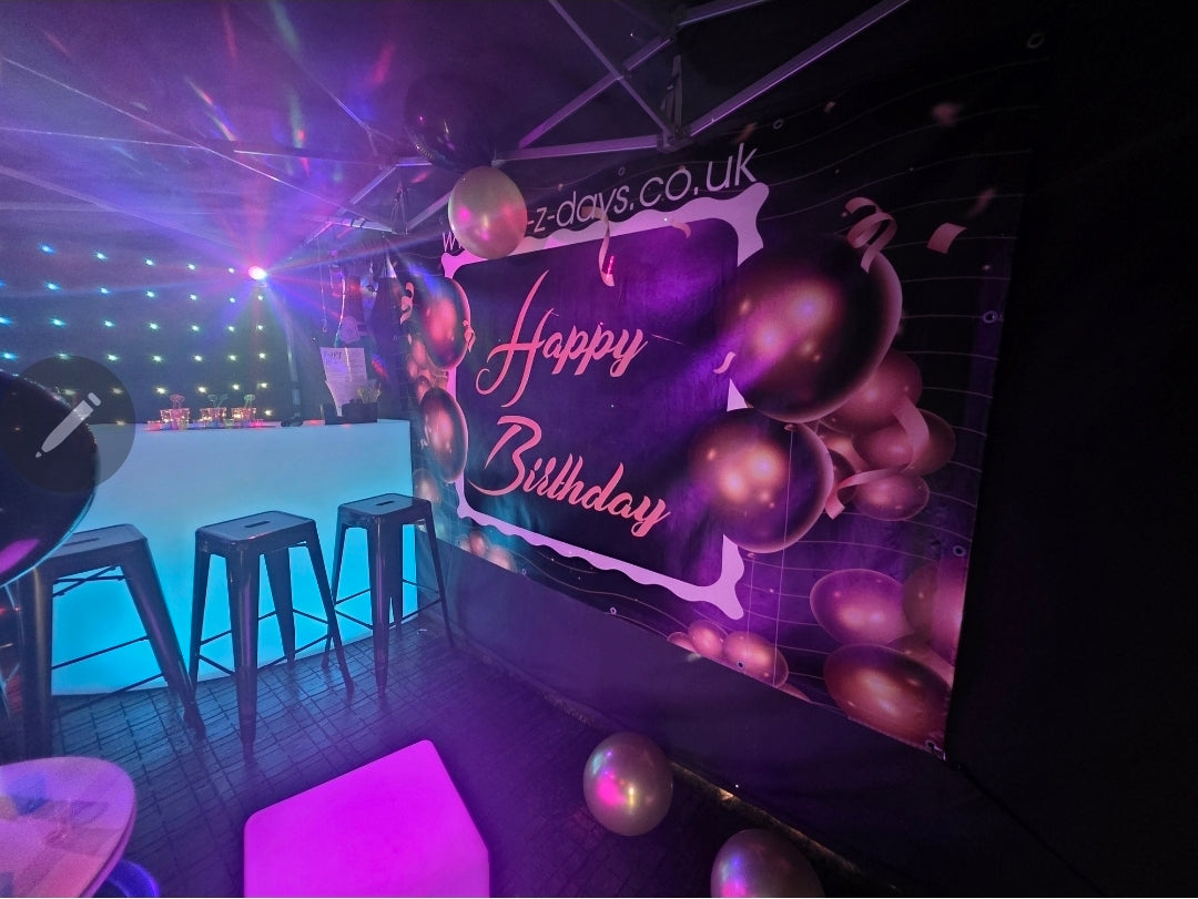 gold happy birthday party tent hire