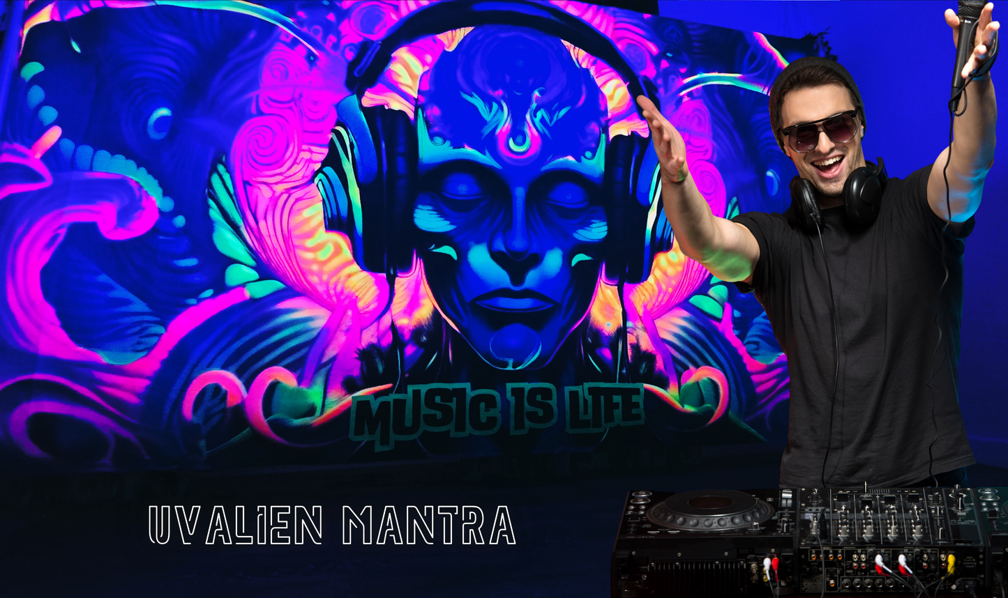 Alien mantra uv blacklight tapestry, neon party decorations, wall hanging glow in the dark decor, uv reactive