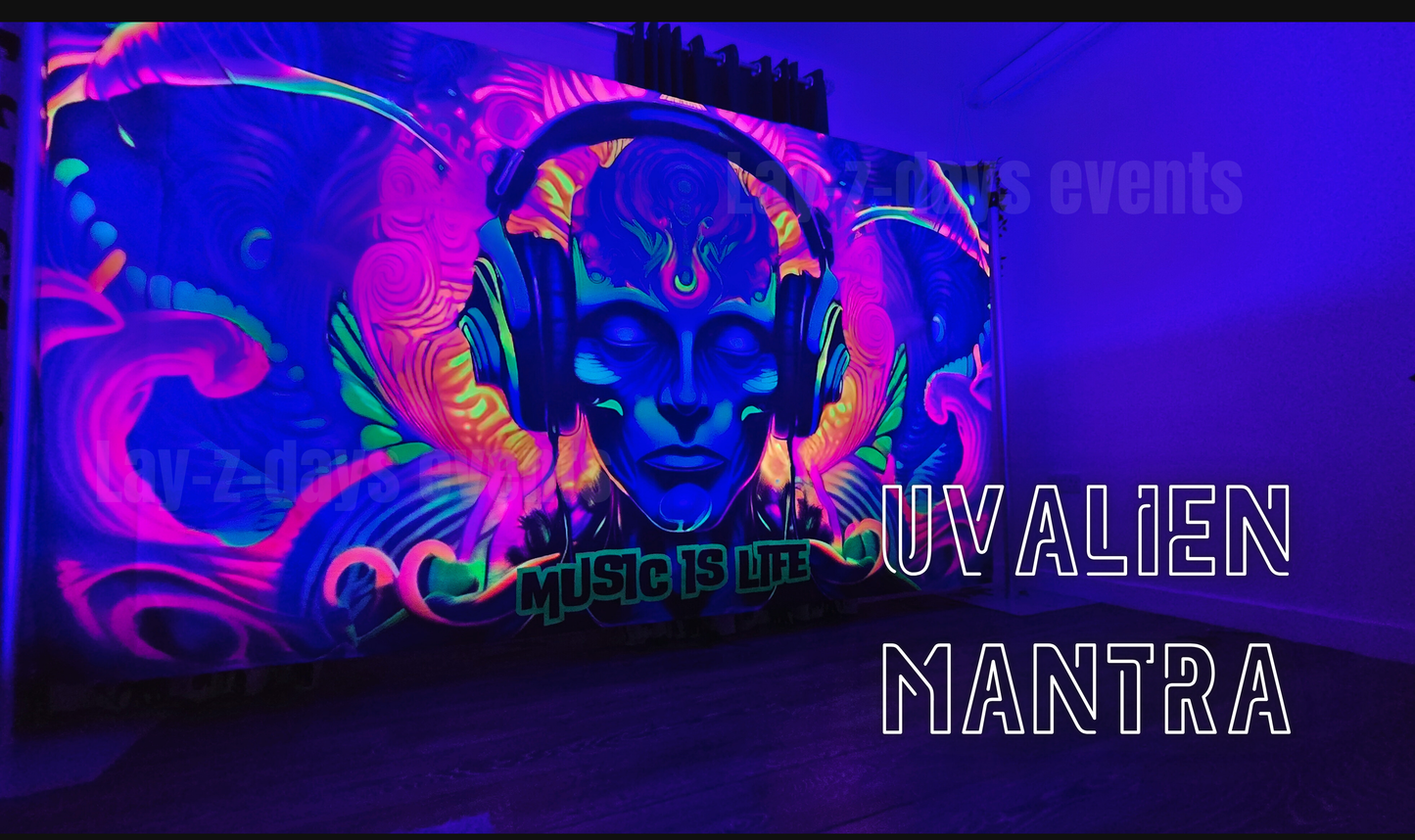 Alien mantra uv blacklight tapestry, neon party decorations, wall hanging glow in the dark decor, uv reactive