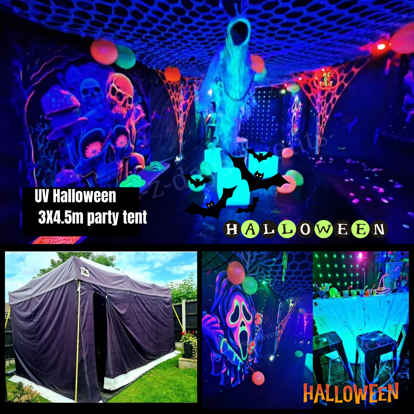 UV Glow Halloween Day Of The Dead Party Tent Hire 3x4.5m