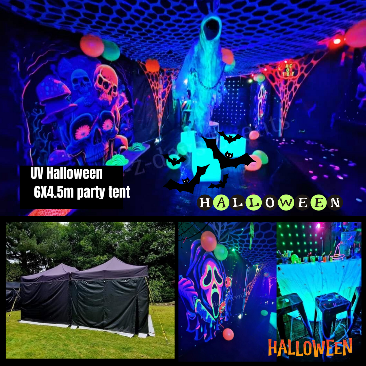 UV Glow Halloween Day Of The Dead Party Tent Hire 6x4.5m