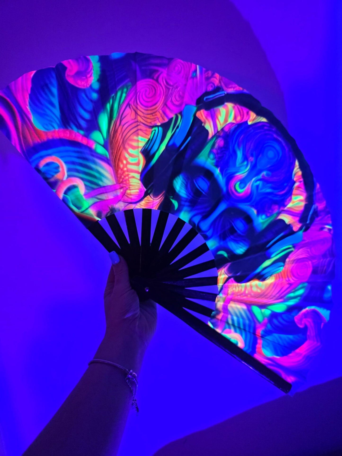 Alien mantra uv bamboo hand fan, uv reactive blacklight festival fan, outfit accessories