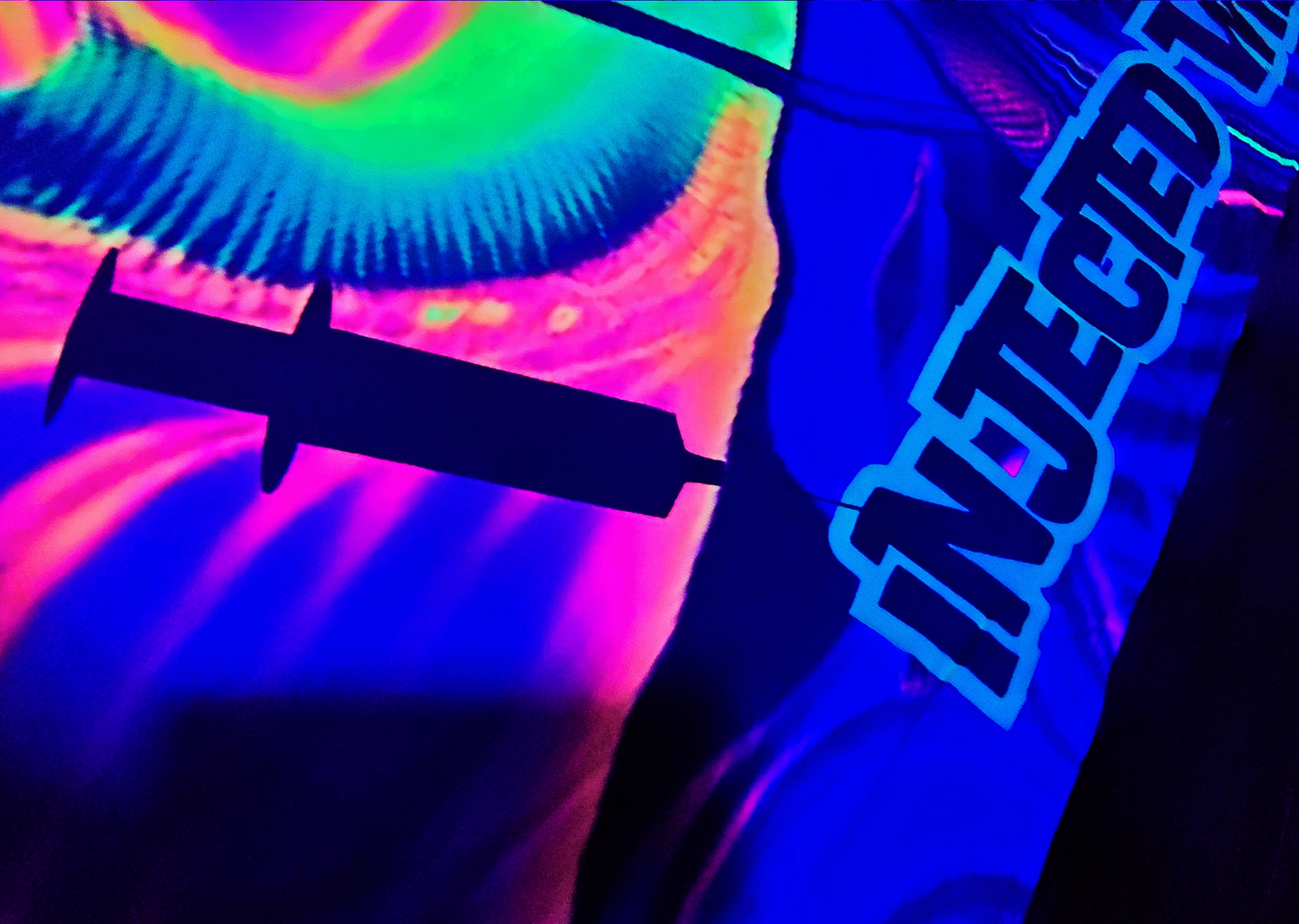 UV reactive cotton velvet tapestry featuring Injected With Techno artwork that glows vividly under UV and blacklight.