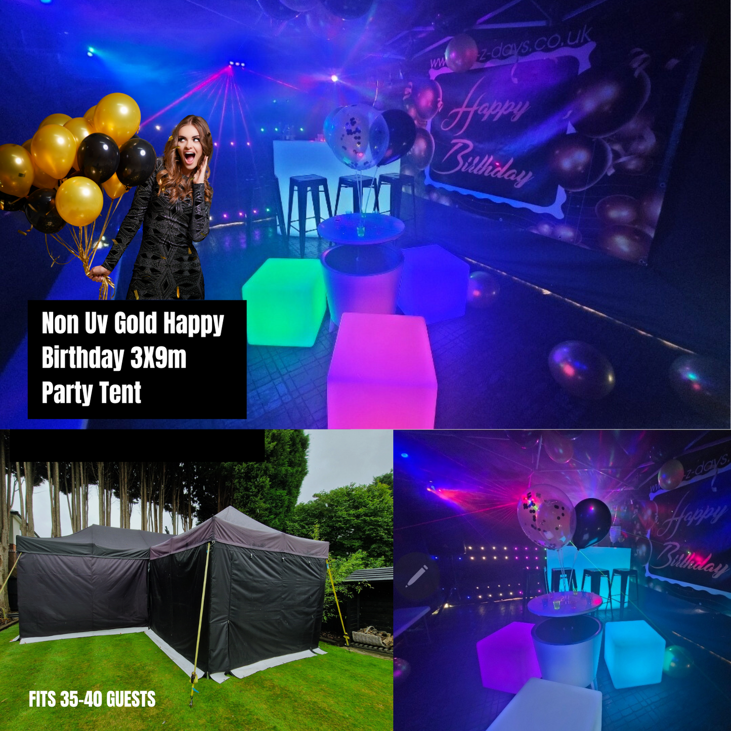 Non Uv Gold Happy Birthday Party Tent Hire 3x9m