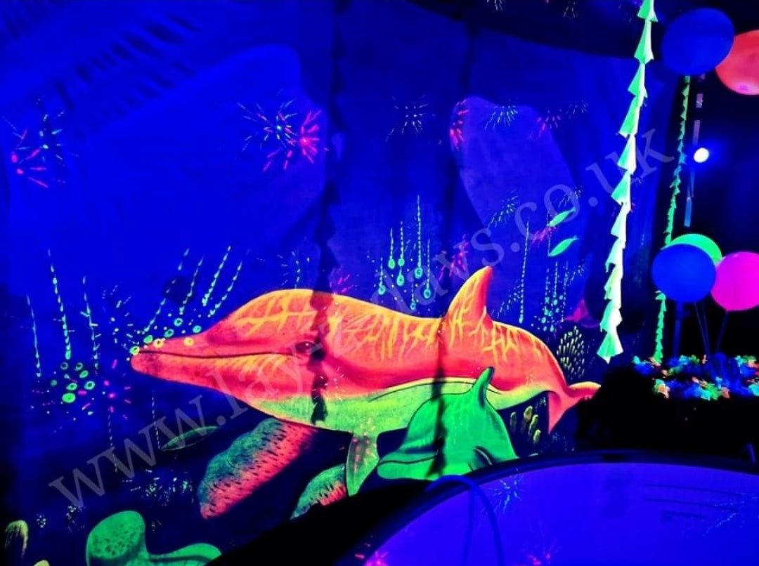 Uv Sea life Glow in the dark back drop & stand hire - Lay-z-days Event's™Uv Sea life Glow in the dark back drop & stand hire