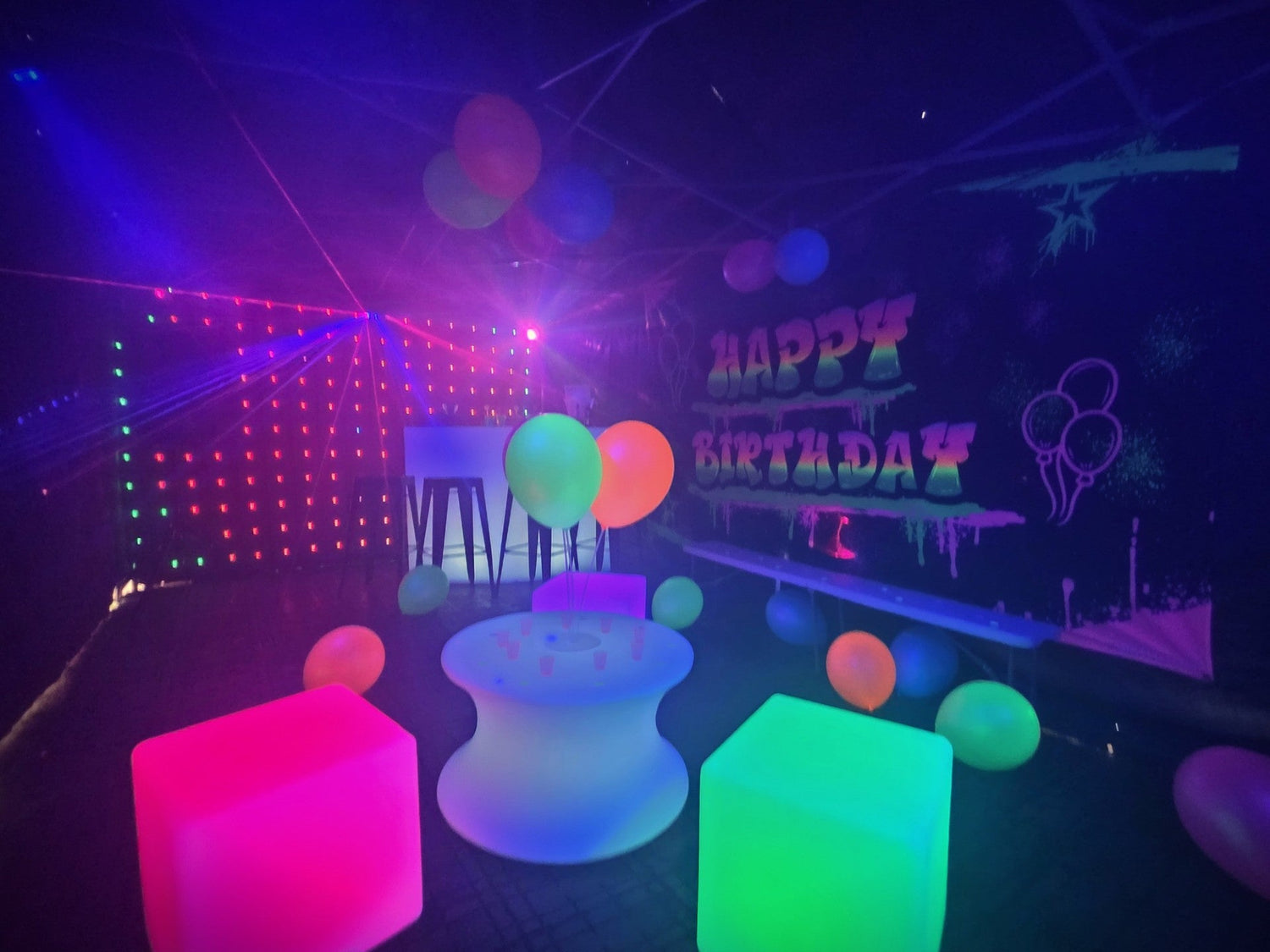 uv happy birthday neon party tent hire