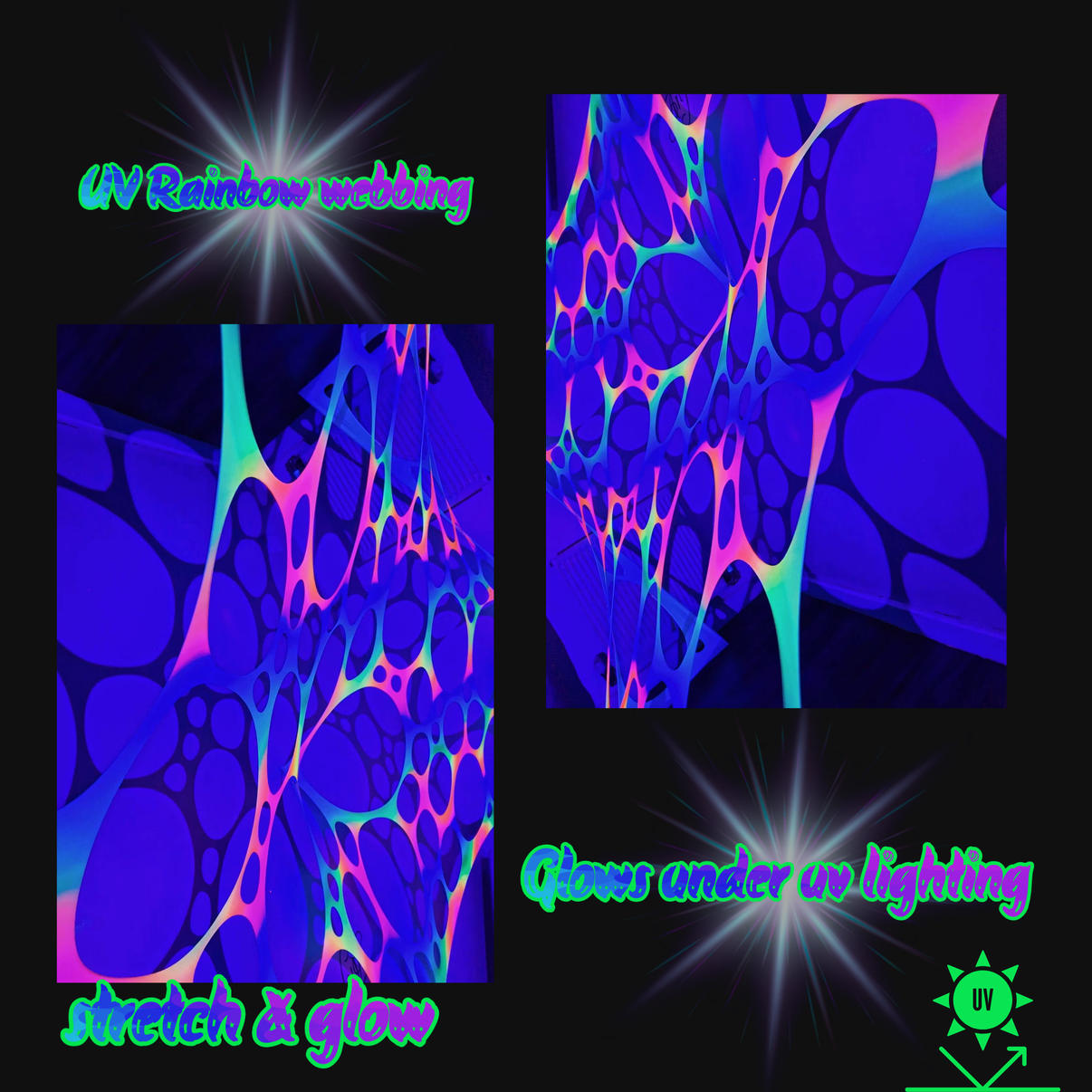 Two-pack UV Rainbow Stretch Webbing by Lay-z-days Event's™ for neon rave and festival decor, blacklight reactive and vibrant.