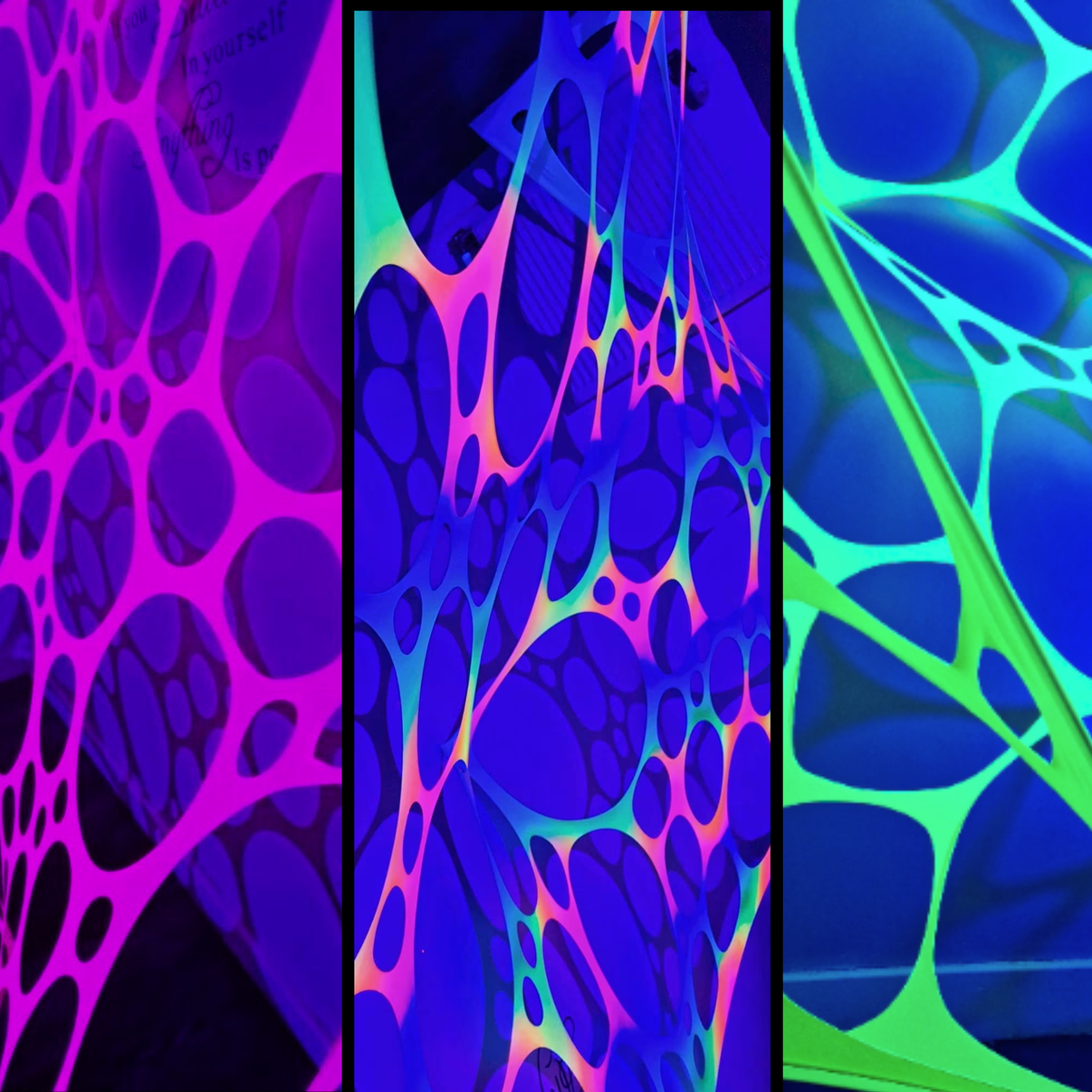 Three-pack UV neon party webbing decorations for rave events, featuring bright, glowing designs by Lay-z-days Event's™.