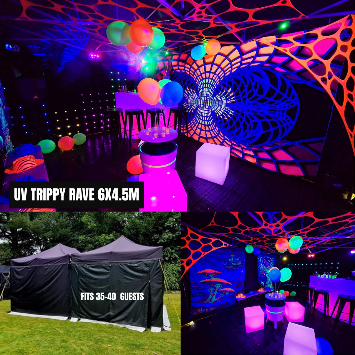 Lay-z-days Event's UV trippy rave party tent, 6x4.5 meters, featuring colorful psychedelic lighting and spacious outdoor setup.