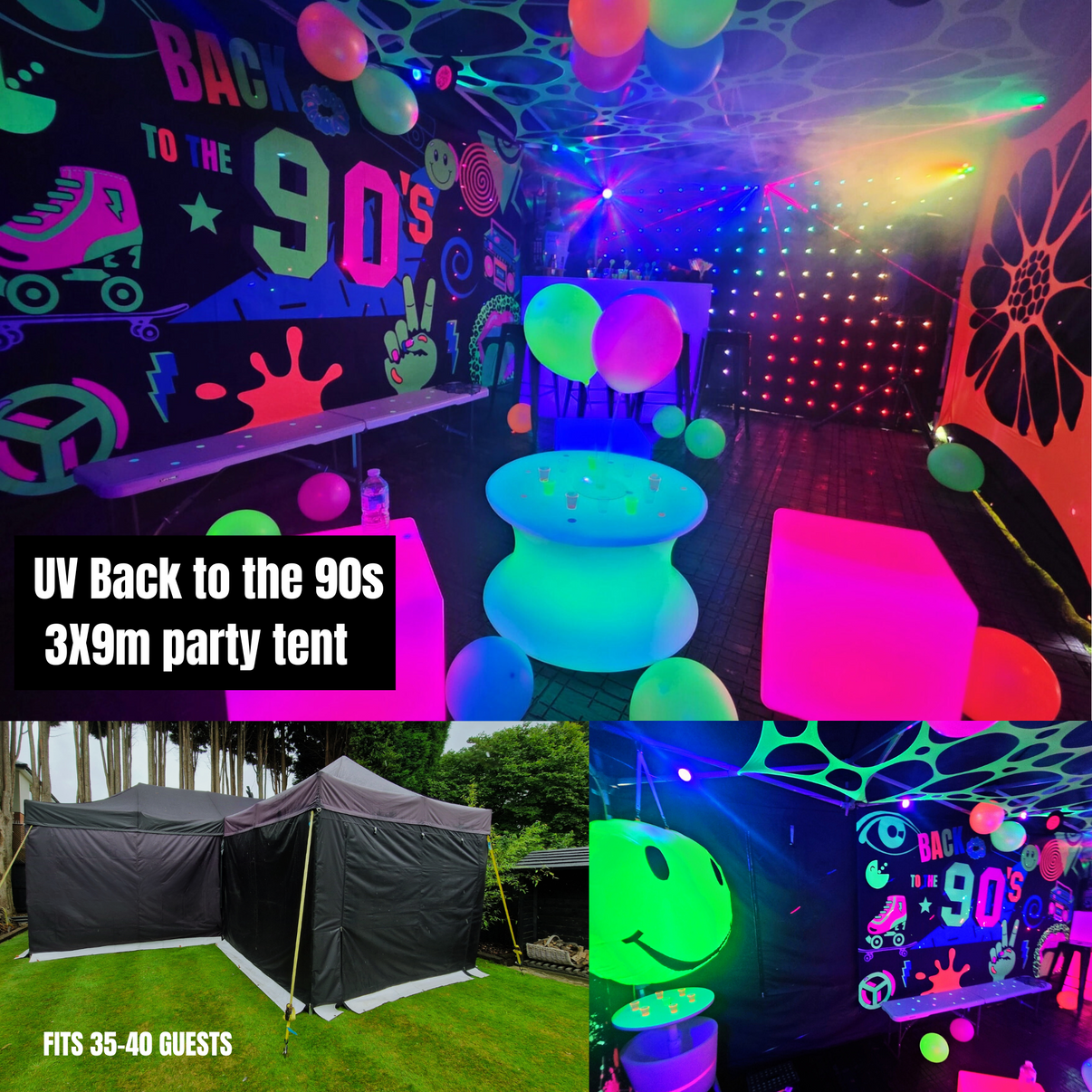Lay-z-days Event's 3x9 metre UV glow party tent for hire, featuring vibrant lighting and spacious design for outdoor events.