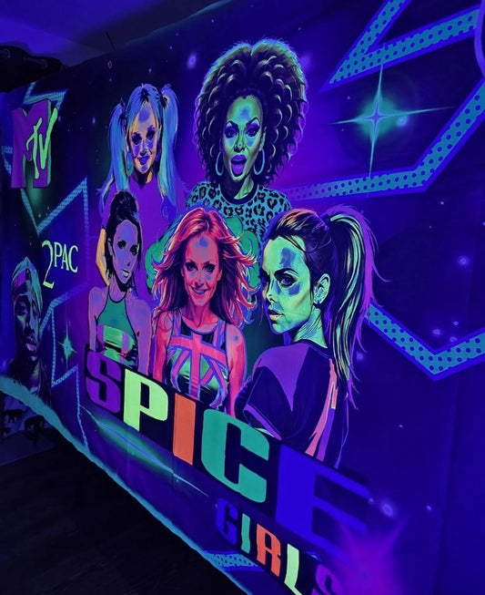 90s UV reactive tapestry featuring Spice Girls, 2Pac, and Home Alone on cotton velvet