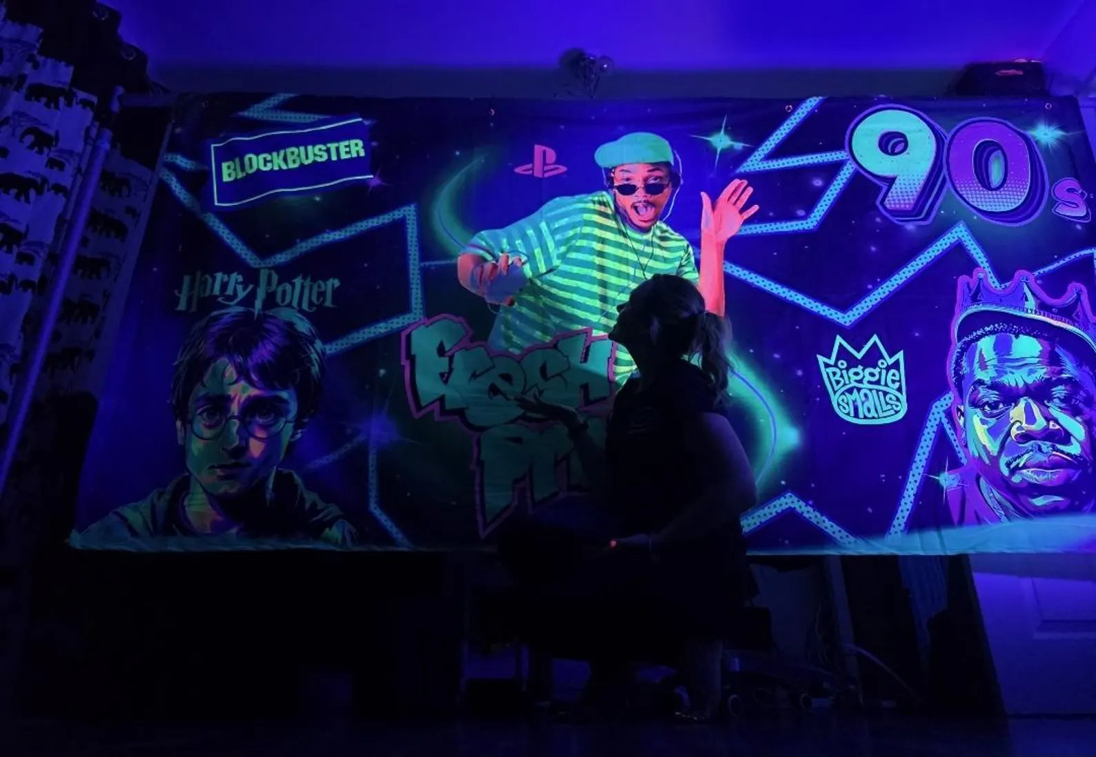 Cotton velvet 90s themed blacklight reactive tapestry with glowing artwork inspired by Prince of Bel-Air, Biggie Smalls, and Harry Potter