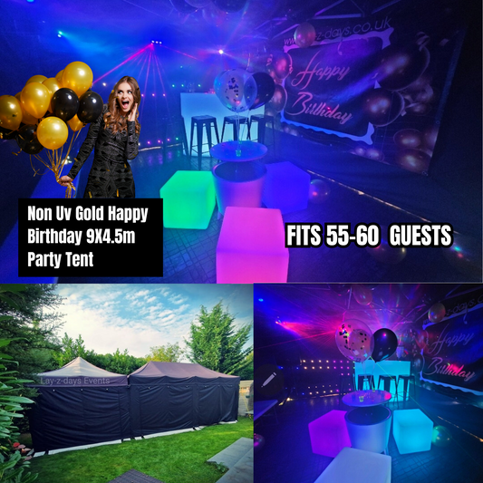 Non Uv Gold Happy Birthday Party Tent Hire 9x4.5m