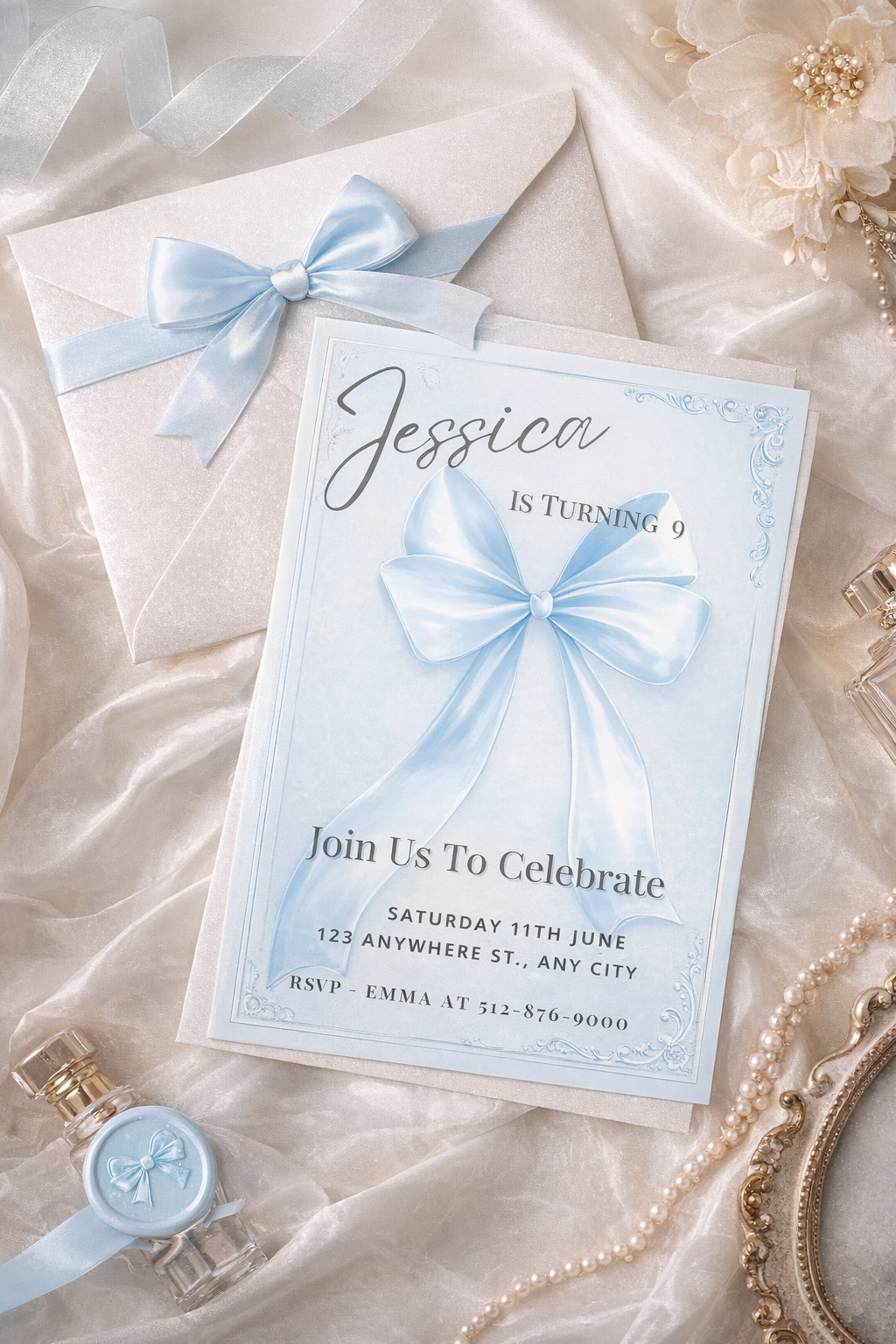 girls baby blue birthday invitation digital download