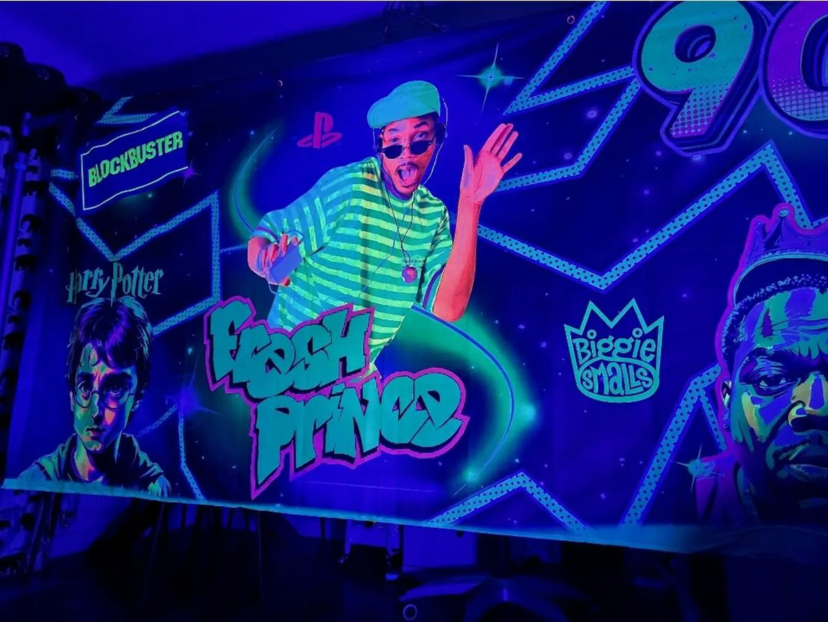 Cotton velvet 90s themed blacklight reactive tapestry with glowing artwork inspired by Prince of Bel-Air, Biggie Smalls, and Harry Potter
