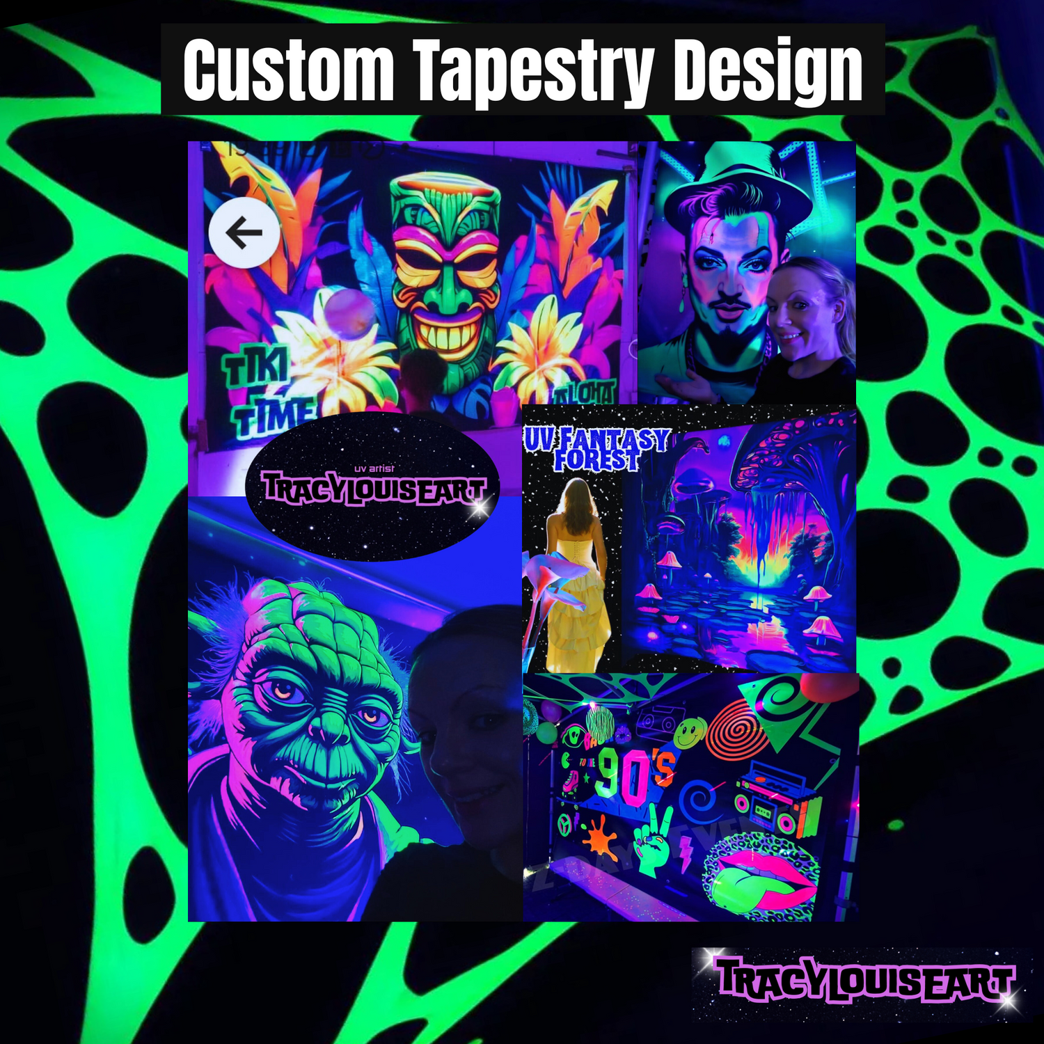 Custom UV tapestry by Lay-z-days Event's™ featuring vibrant 3D printed design on a colorful fabric backdrop.