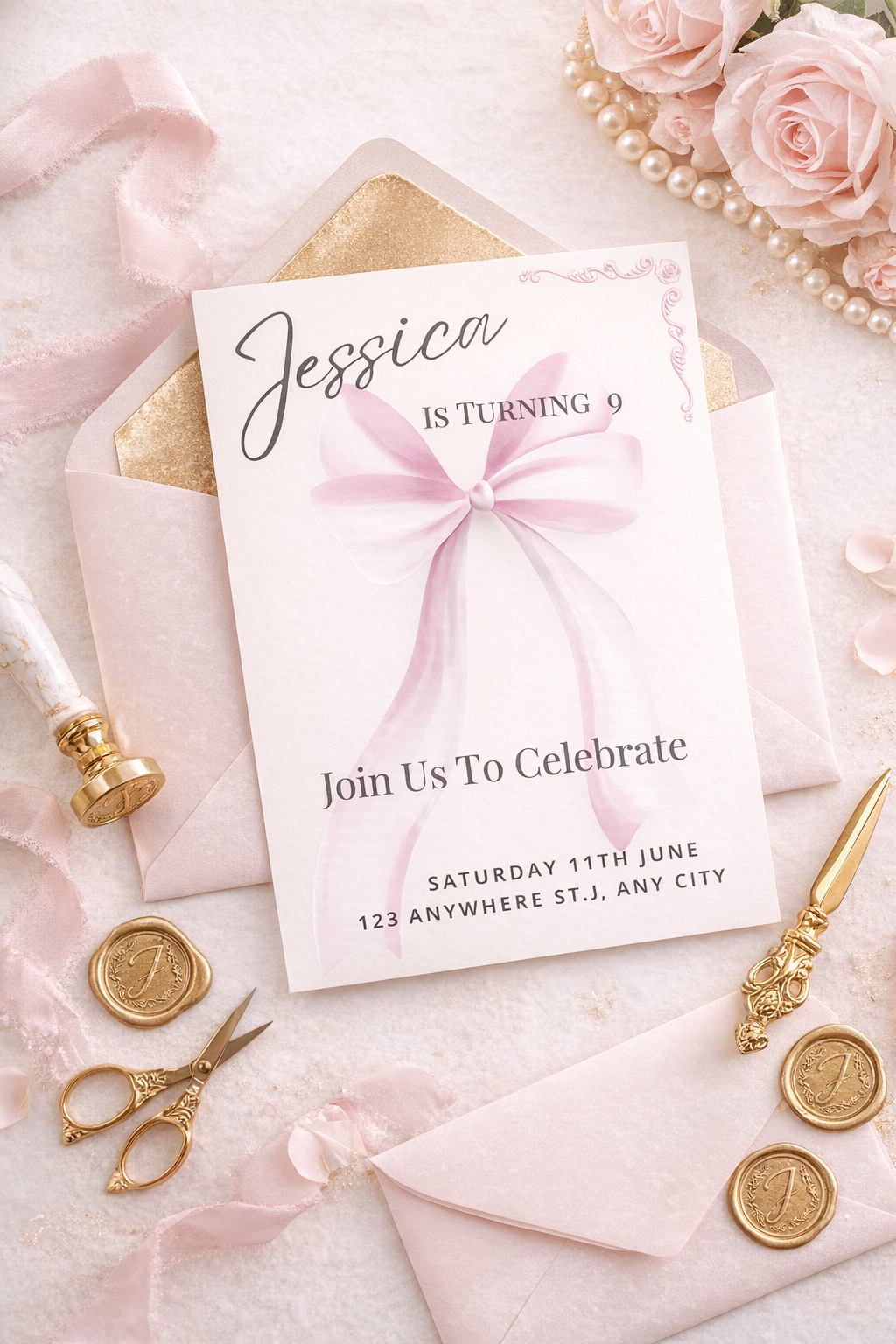 Pink bow girls birthday invitation digital download