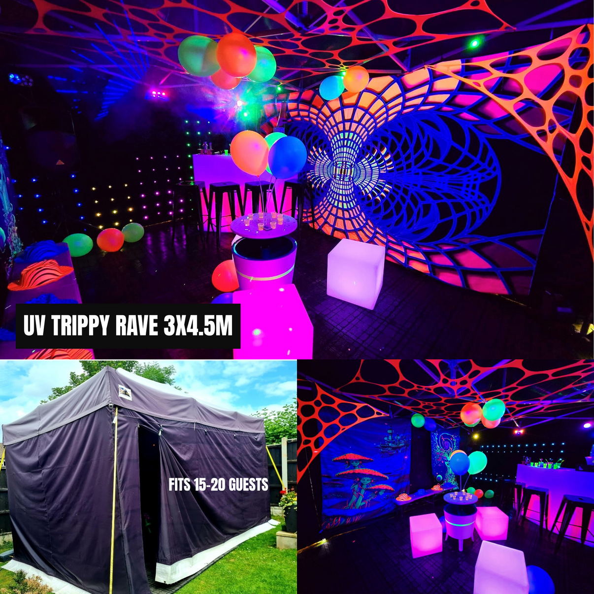 UV Trippy Party Tent by Lay-z-days Event's, 3x4.5 meters, featuring vibrant, colorful geometric patterns for outdoor events.