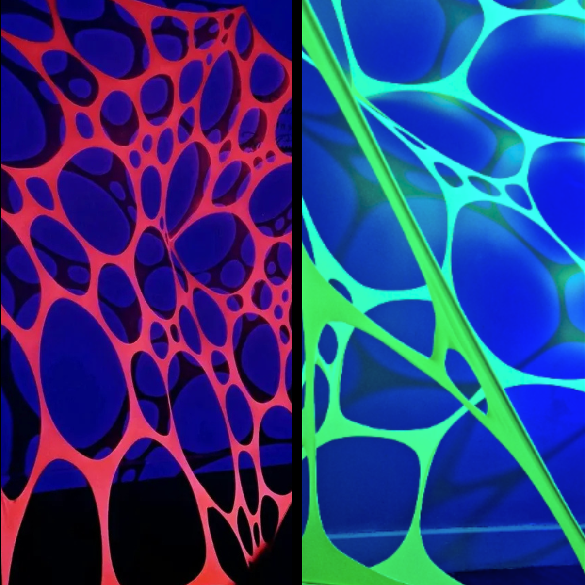 UV-reactive green and orange webbing strips for rave event decor by Lay-z-days Event's™, perfect for blacklight wall and ceiling decoration.