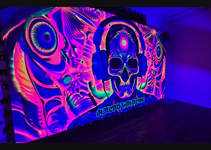 UV reactive cotton velvet tapestry featuring Injected With Techno artwork that glows vividly under UV and blacklight.
