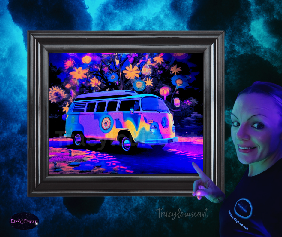 VW camper UV poster art glowing at blacklight party glow in the dark wall posters