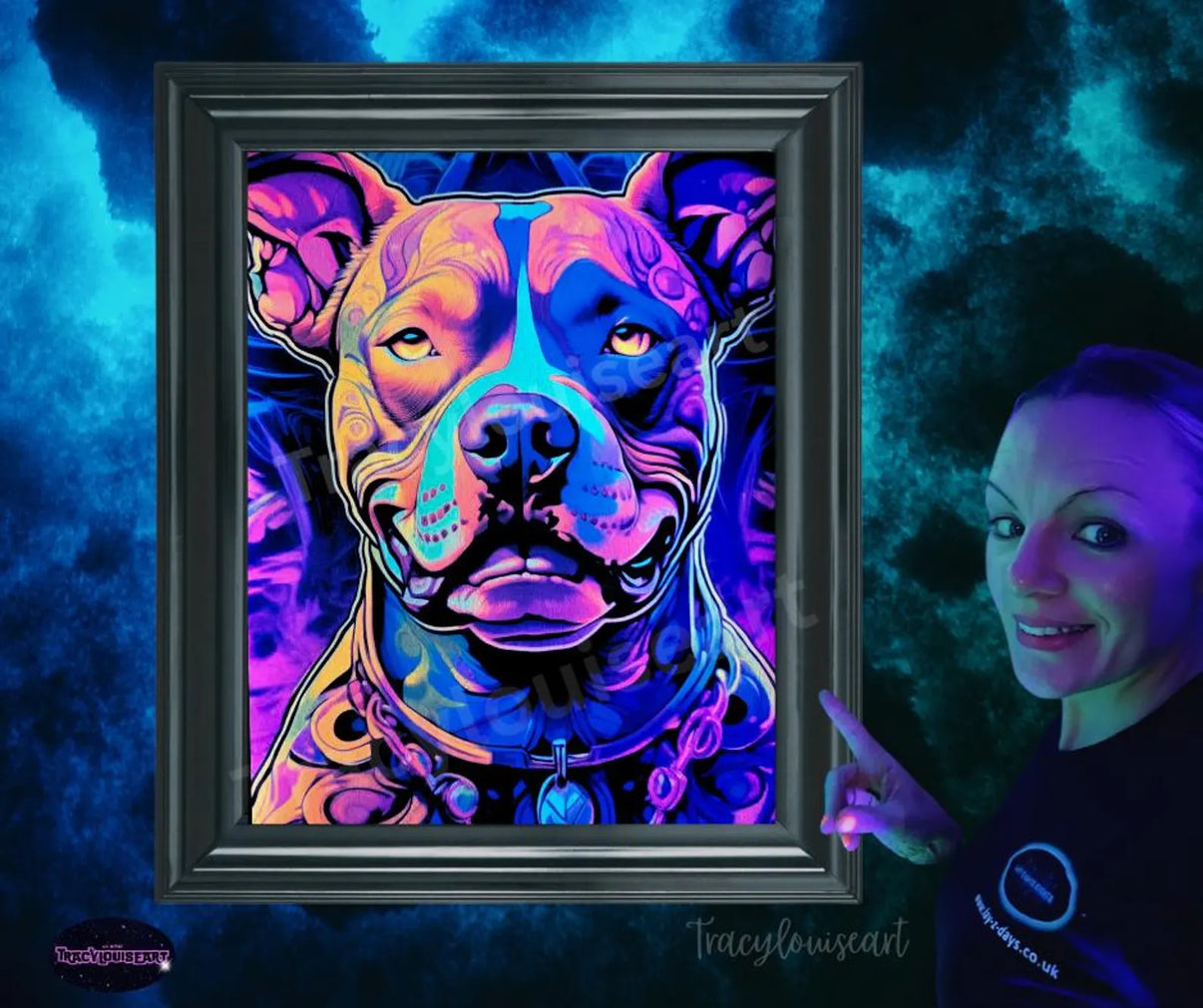 UV reactive neon bully dog poster by Lay-z-days Event's, featuring vibrant blacklight wall art in XL size for A4 and A3 formats.