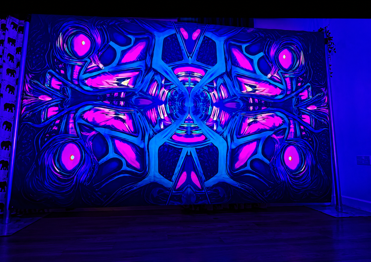 UV Lucid Vortex Rave Psytrance tapestry by Lay-z-days Event's featuring vibrant, glowing psychedelic patterns for UV party decor.