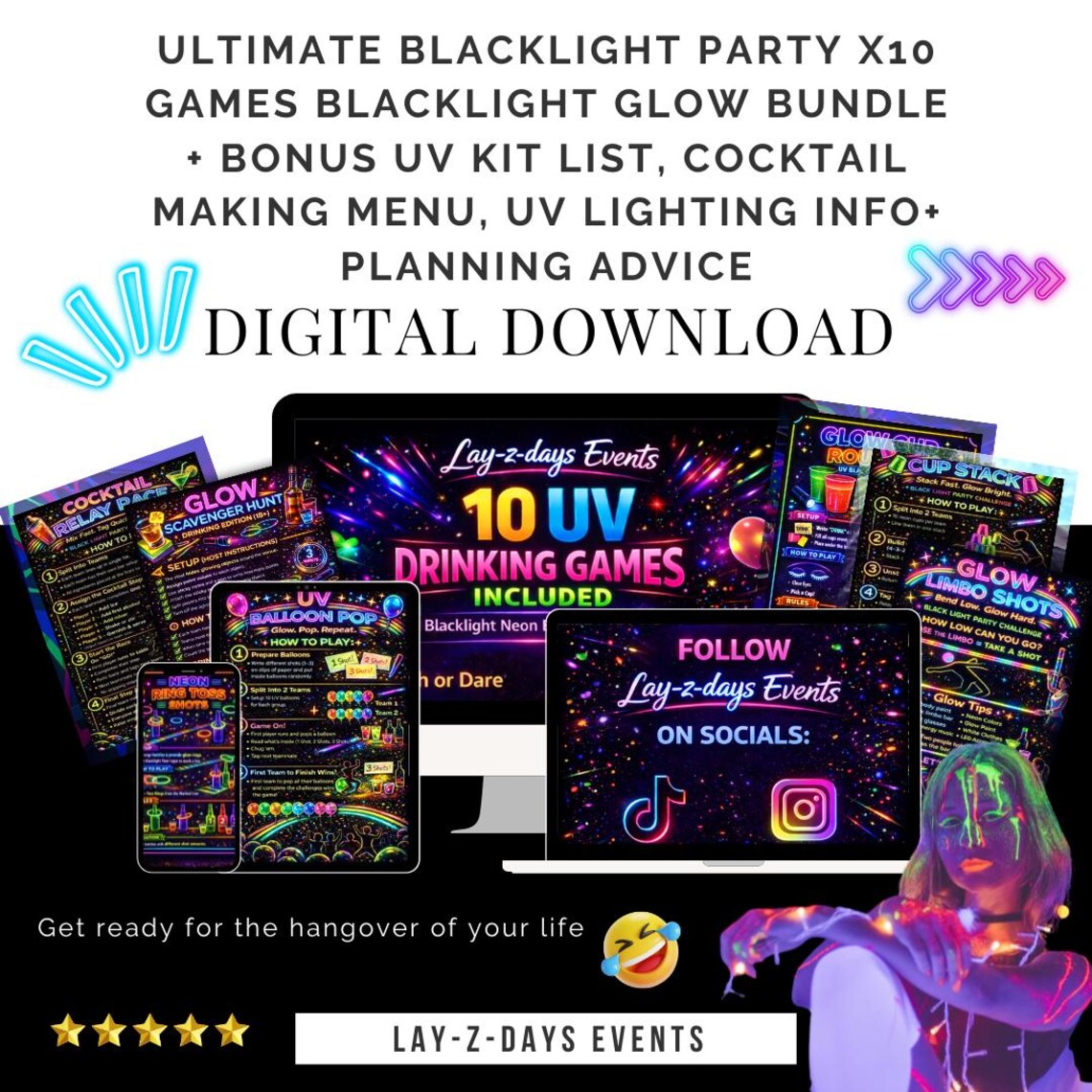 Lay-z-days Event's UV Blacklight adult party digital games bundle featuring 10 interactive game screens and vibrant blacklight effects.