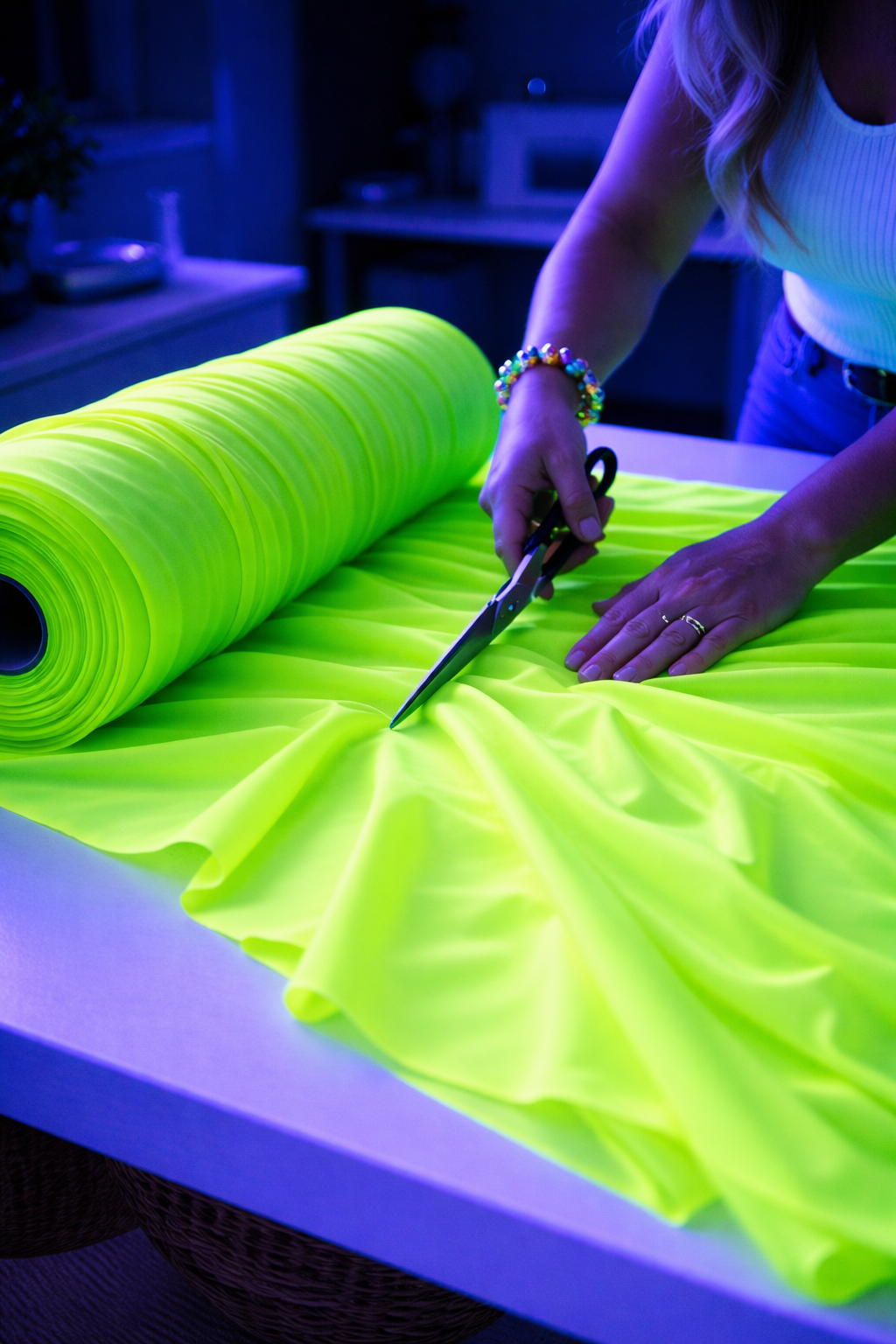 Yellow neon UV blacklight fabric by Lay-z-days Event's™ showing vibrant UV-reactive material under blacklight.