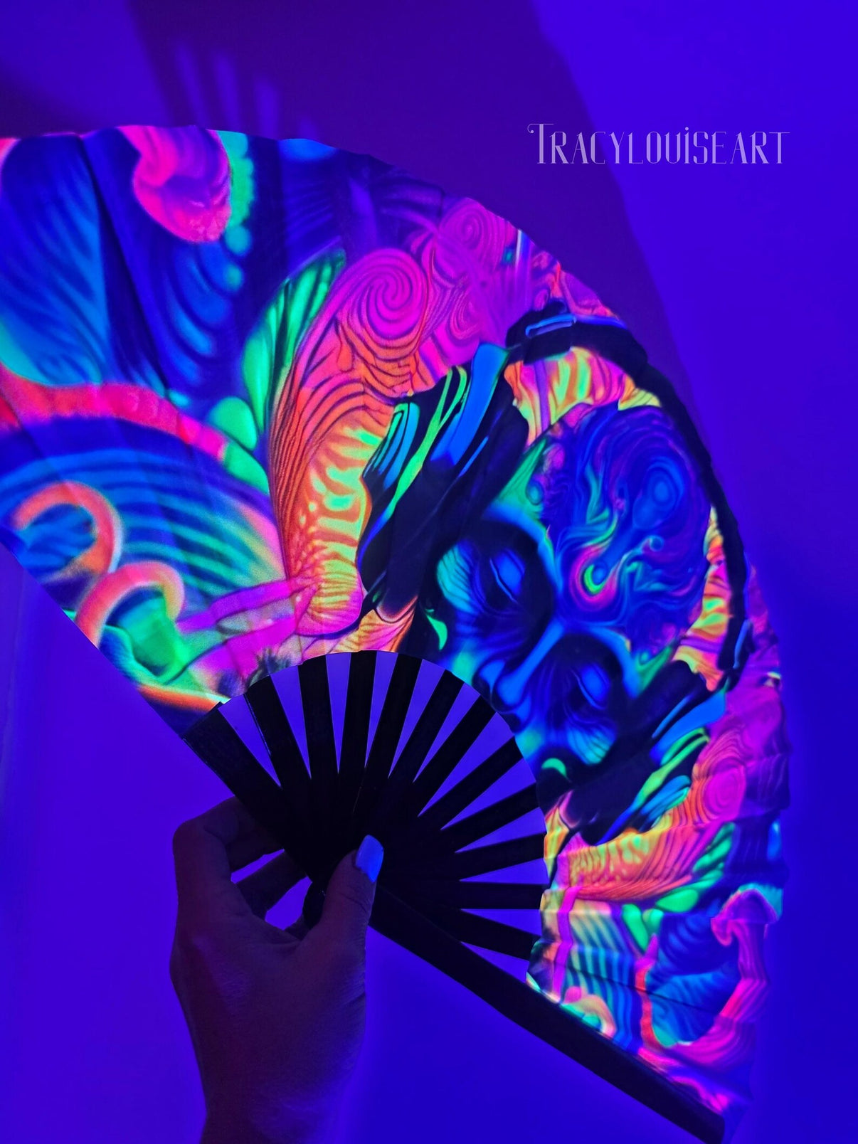 Alien mantra uv bamboo hand fan, uv reactive blacklight festival fan, outfit accessories glow in the dark