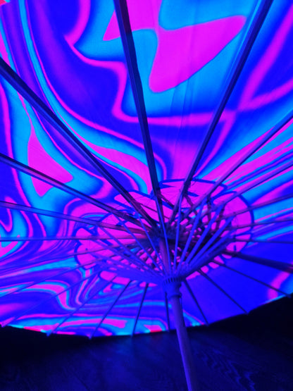 Glowing blue and pink abstract pattern on a dark background sun parasol that glows in the dark