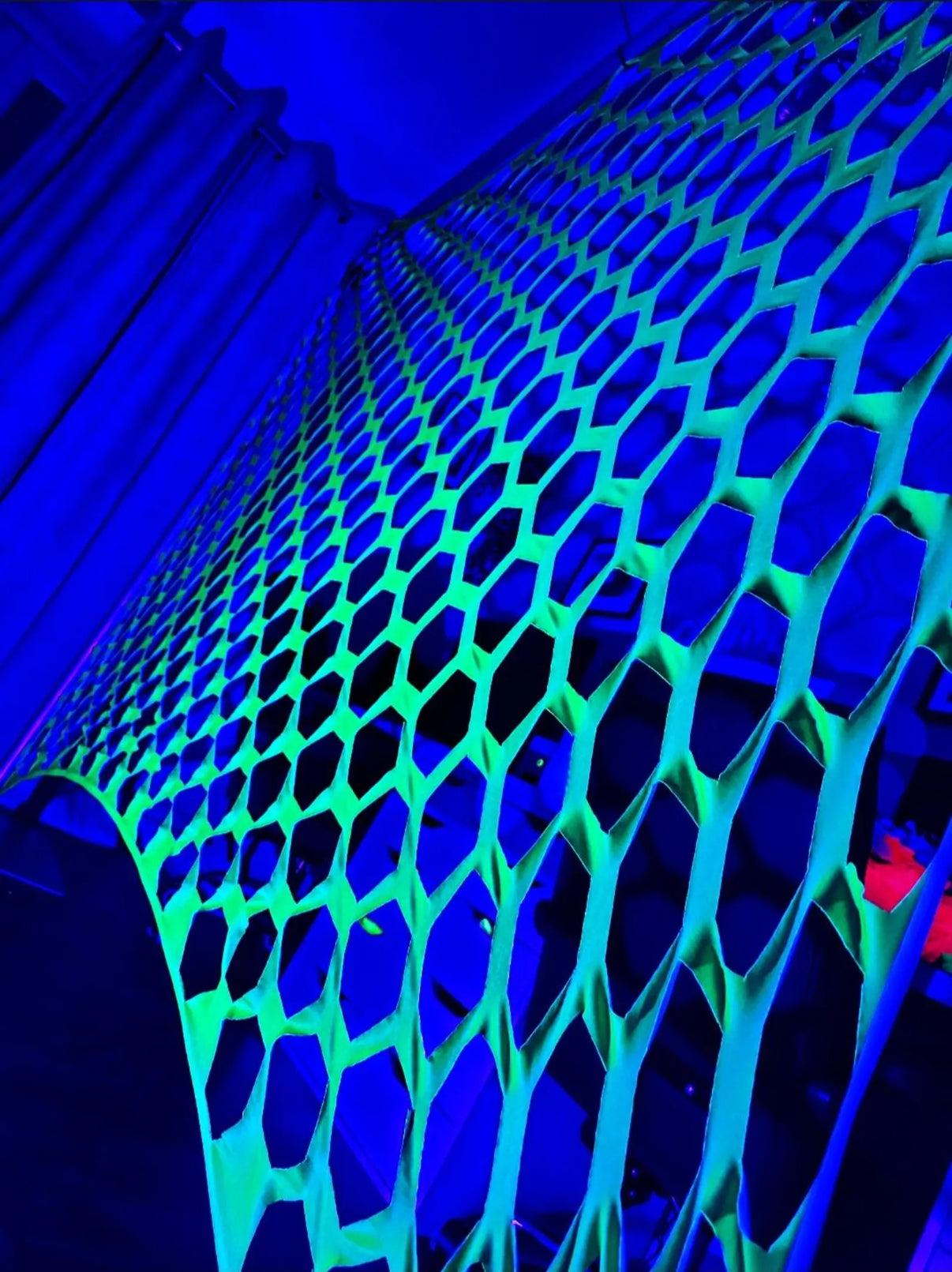 UV neon green hex wall hanging canopy decoration for party decor, featuring blacklight-reactive tapestry by Lay-z-days Event's™.