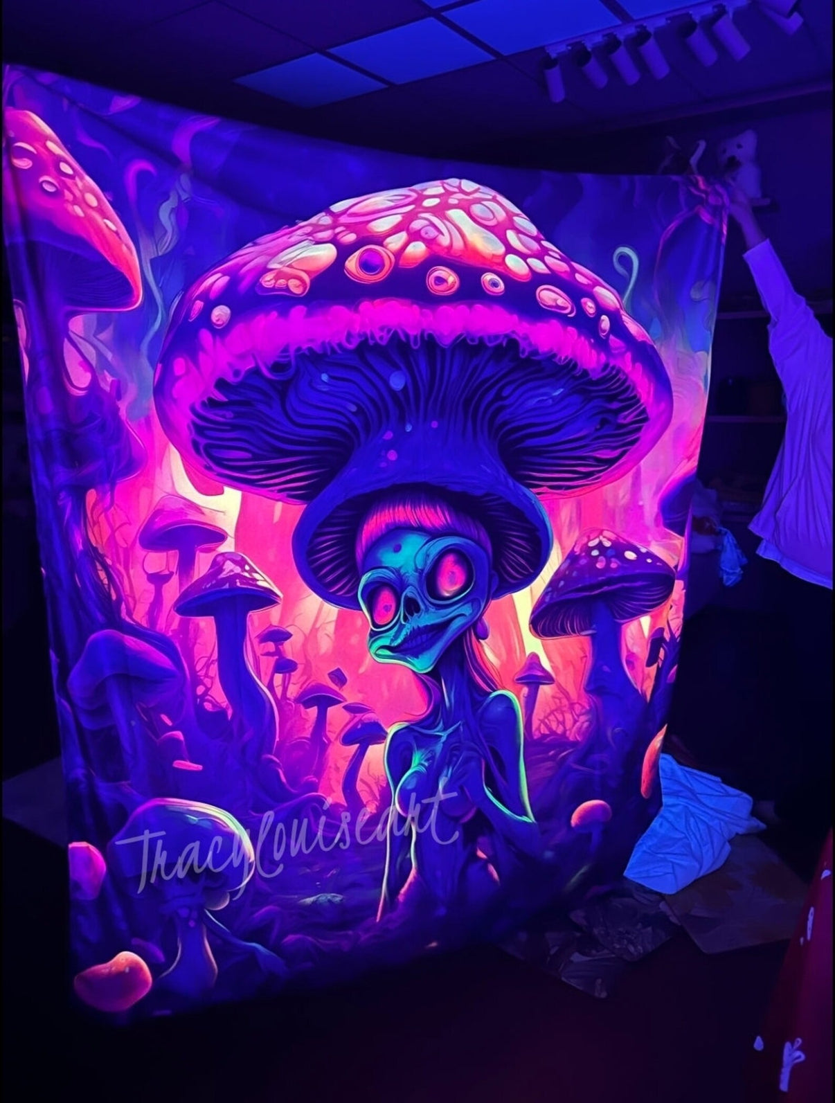 Uv psychedelic terrestrial blacklight tapestry from Lay-z-days Event's, featuring vibrant cosmic and terrestrial designs for UV decoration.