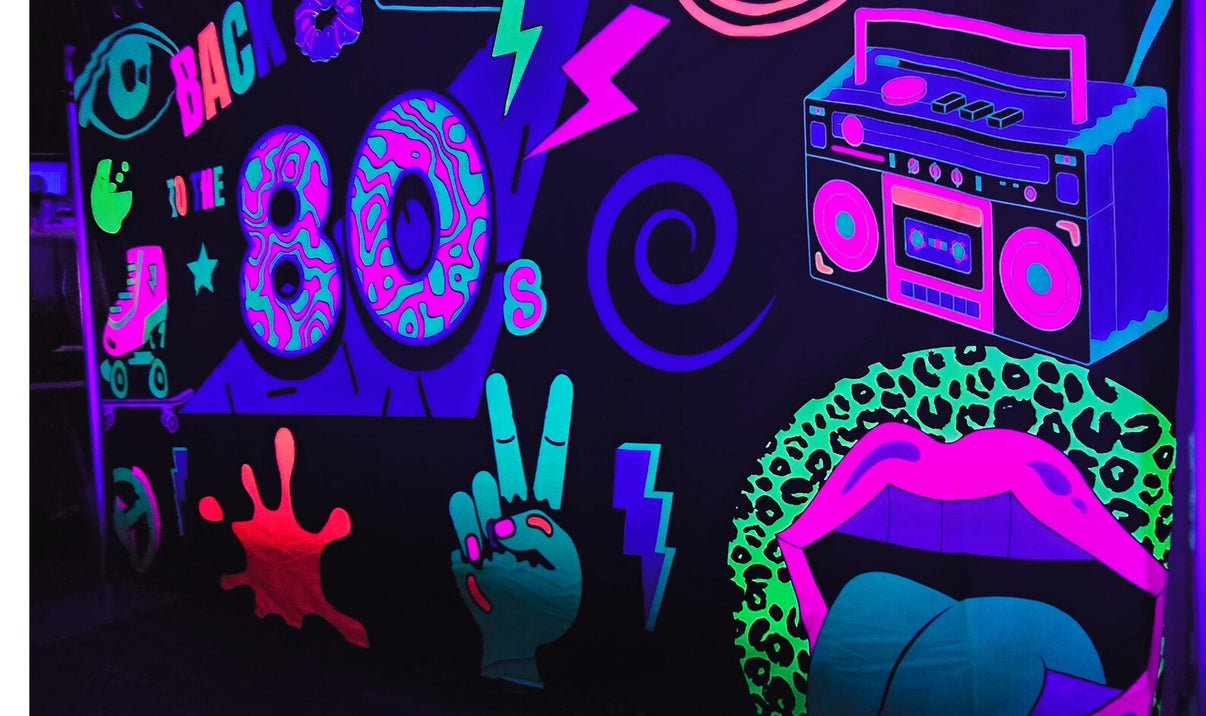 UV back to the 80s party tapestry by Lay-z-days Event's, featuring vibrant neon colors and retro 80s design for UV decorations.