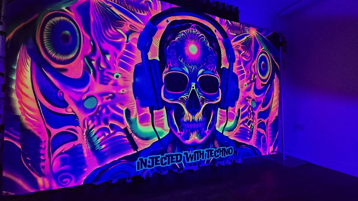 Colorful UV-injected techno tapestry by Lay-z-days Event's, vibrant abstract design for UV party decorations.