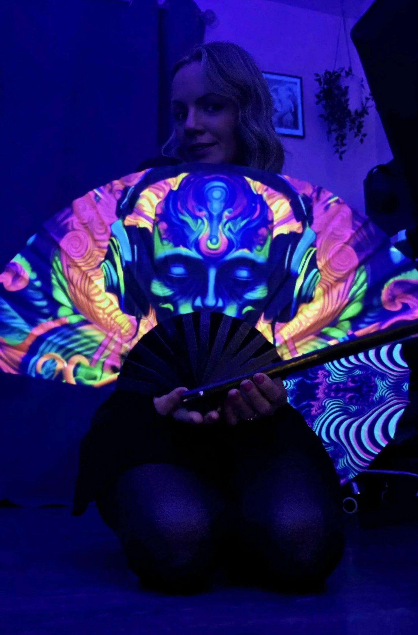 Alien mantra uv bamboo hand fan, uv reactive blacklight festival fan, outfit accessories