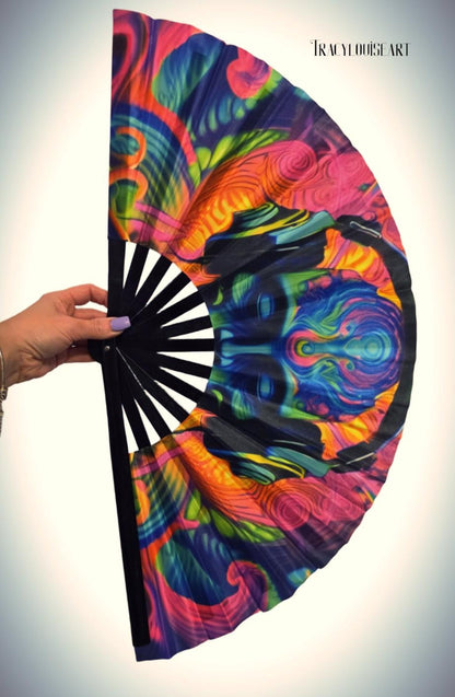 Alien mantra uv bamboo hand fan, uv reactive blacklight festival fan, outfit accessories
