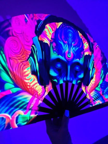 Alien mantra uv bamboo hand fan, uv reactive blacklight festival fan, outfit accessories