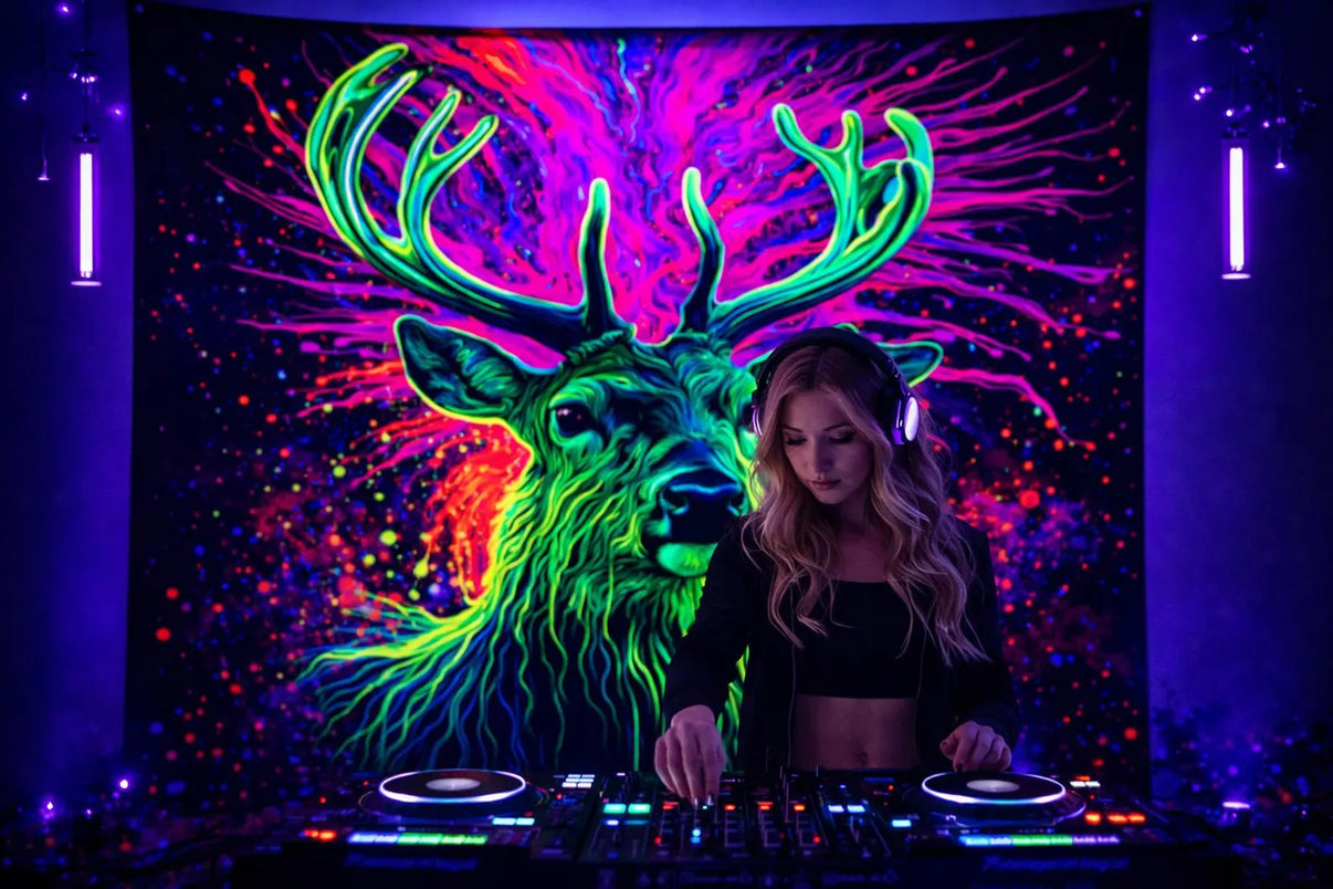 UV cosmic stag rave tapestry featuring a glowing cosmic stag design, ideal for party UV decor by Lay-z-days Event's™