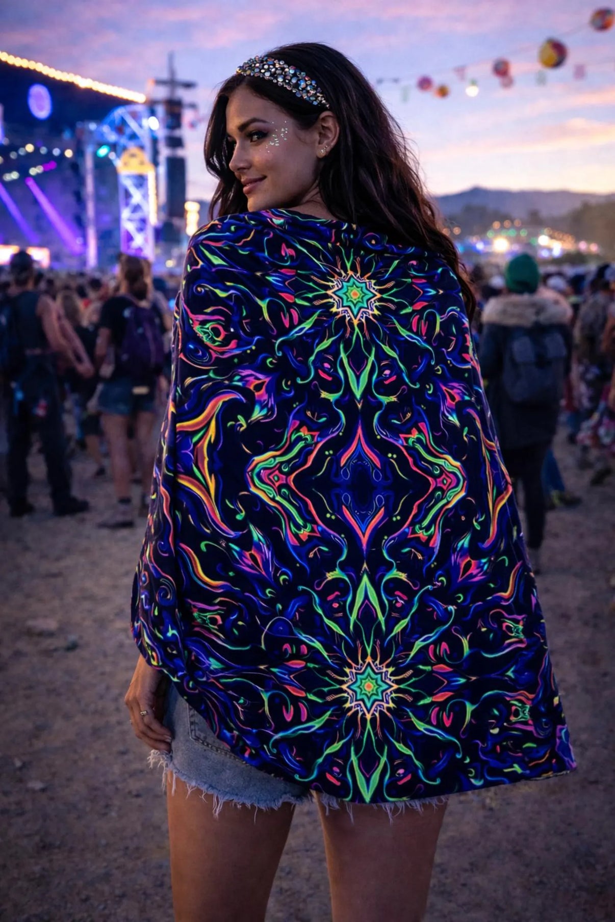 UV reactive Mandela festival pashmina by Lay-z-days Event's™ featuring vibrant, colorful Mandela patterns in soft, lightweight fabric.
