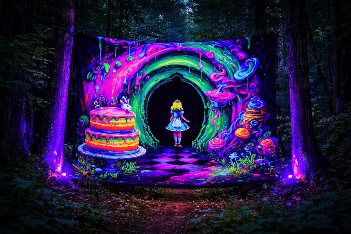 UV neon rabbit wonderland portal rave tapestry by Lay-z-days Event's™ featuring vibrant rabbit and fantasy scene for party decor.