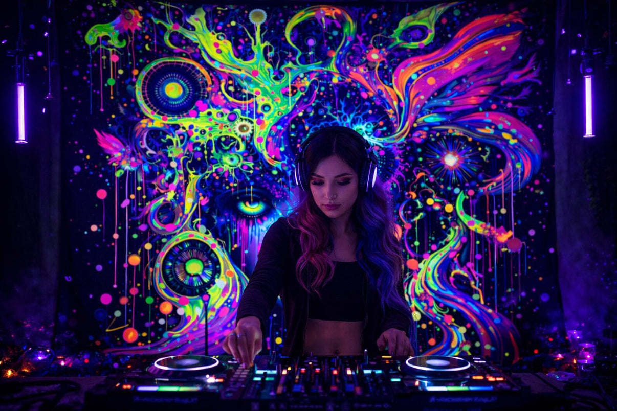 UV Galactic Awakening stretch tapestry for party decor, featuring vibrant galaxy-inspired cosmic design by Lay-z-days Event's™