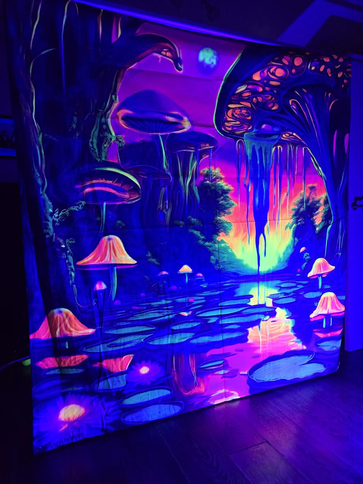 UV fantasy forest mushroom tapestry by Lay-z-days Event's featuring vibrant mushroom and woodland design for UV decoration.