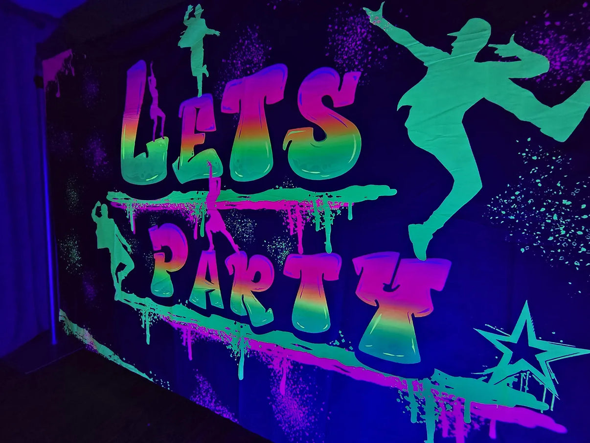 Lay-z-days Event's UV Lets Party Glow tapestry wall hanging featuring a vibrant happy birthday design for festive celebrations