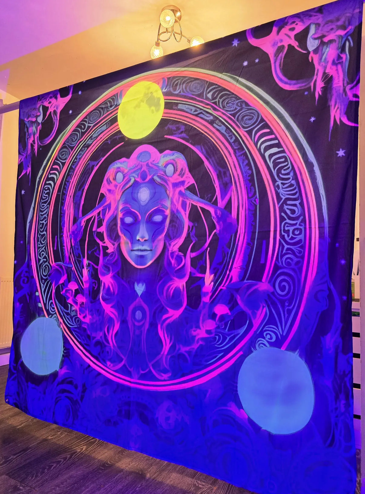 Uv Blacklight Hecate goddess tapestry, UV decorative wall hanging featuring mystical goddess design by Lay-z-days Event's.